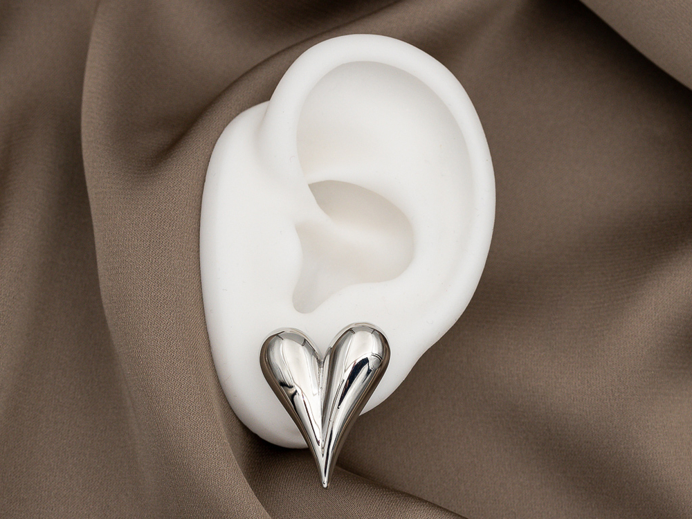 7226-р Швензы-гвоздики"Сердце вытянутое" 23х20 мм, родий, пара