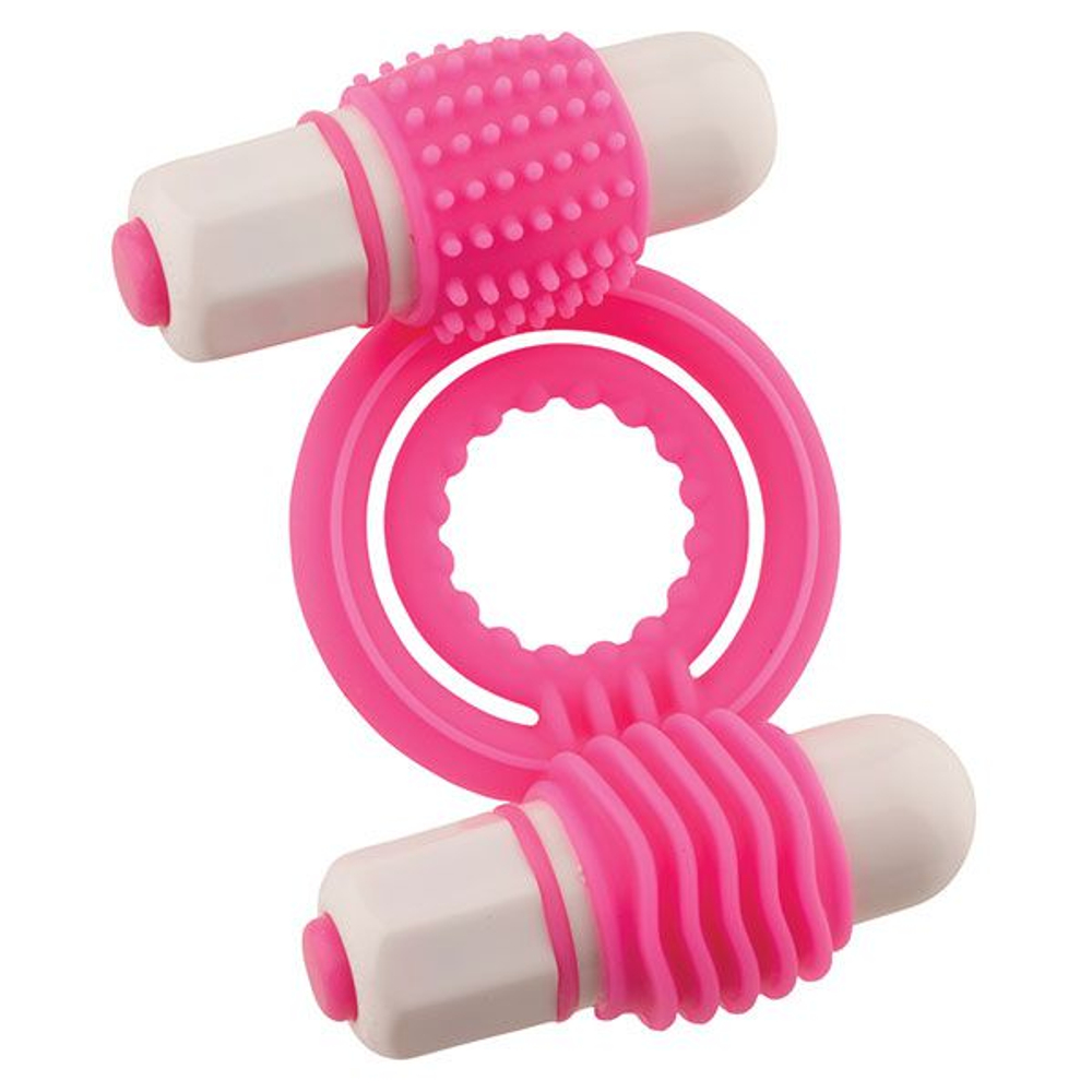 Розовое эрекционное кольцо с 2 виброэлементами NEON EUPHORIA CLITORAL MASSAGE RING (Цвет: розовый)