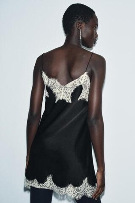 ZARA АТЛАСНЫЙ ТОП С КОНТРАСТНЫМ КРУЖЕВОМ — ZW COLLECTION, ЧЕРНЫЙ