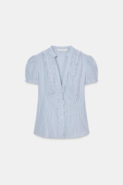 ZARA РУБАШКА ИЗ ПОПЛИНА С ВОЛАНАМИ, СИНИЙ/БЕЛЫЙ