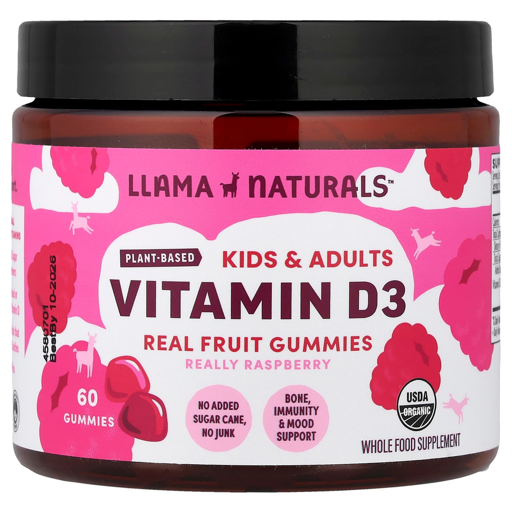 Llama Naturals, растительный витамин D3 для детей и взрослых, натуральный фруктовый жевательный вкус, малина, 60 жевательных таблеток