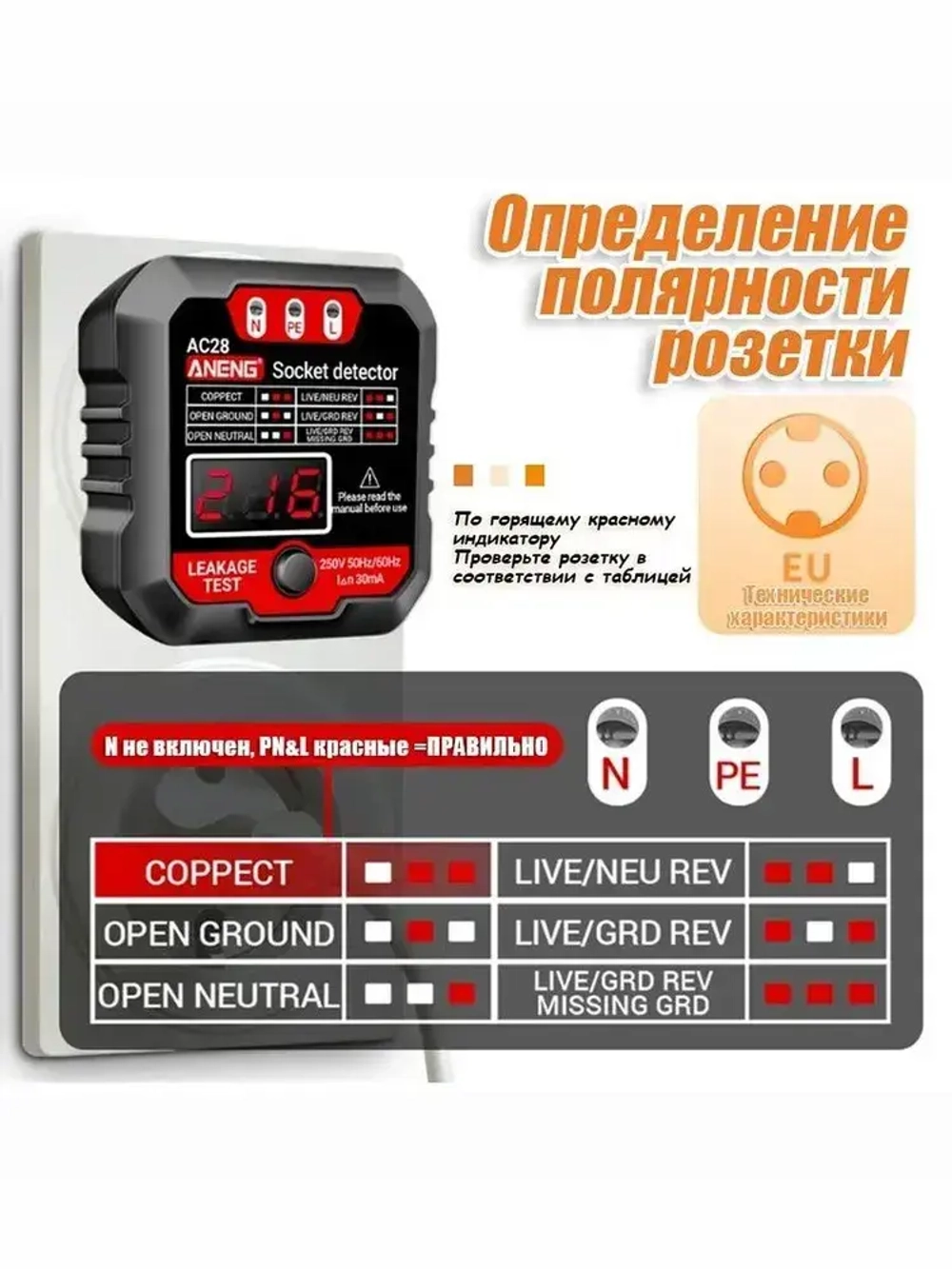 Тестер розеток и УЗО Aneng AC28, выявление неисправности подключения розеток.