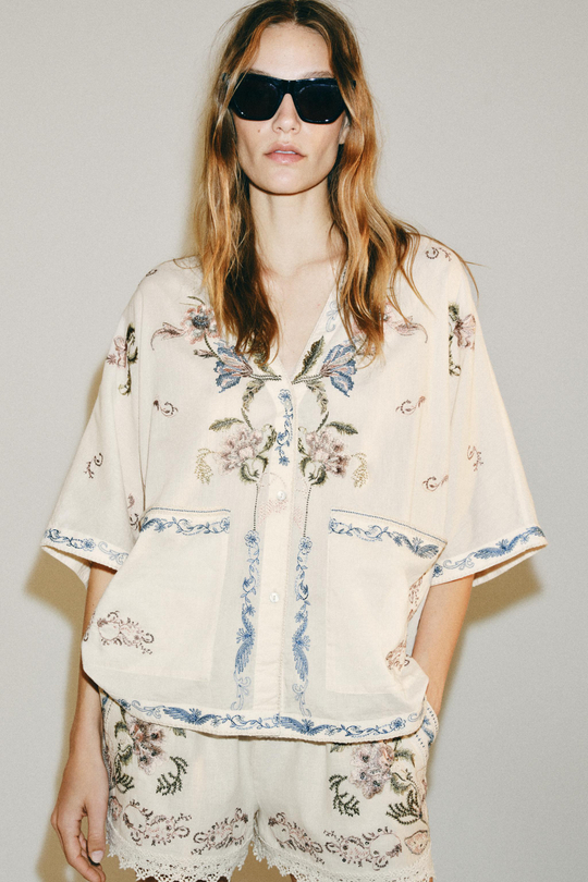 ZARA РУБАШКА С ВЫШИВКОЙ — ZW COLLECTION, ЭКРЮ
