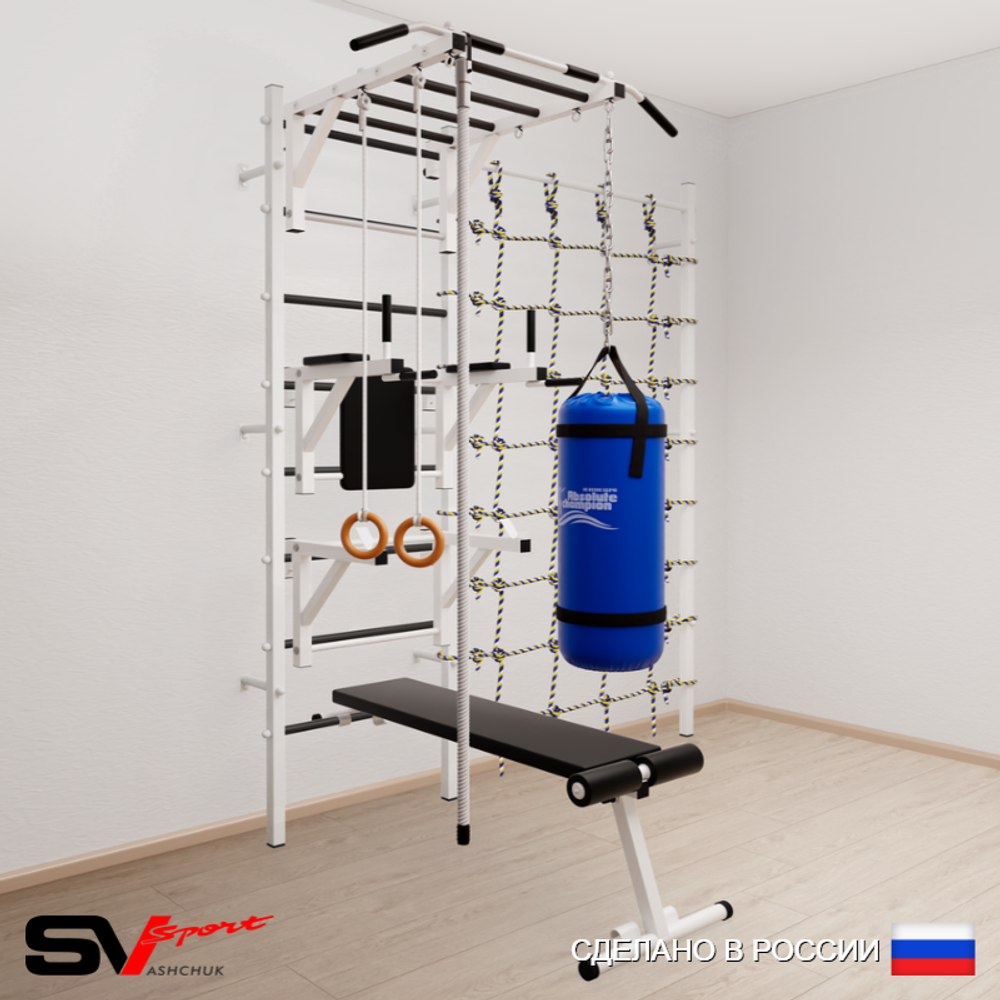 Шведская стенка Sv Sport усиленная 66430 (Турник рукоход/Брусья/Стойка/Скамья/Канат/Кольца/Цепь/Мешок 30кг/Канатный лаз)