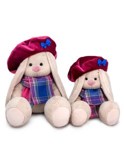 Мягкая игрушка Зайка Ми в бархатном берете и шарфе в клетку 18см