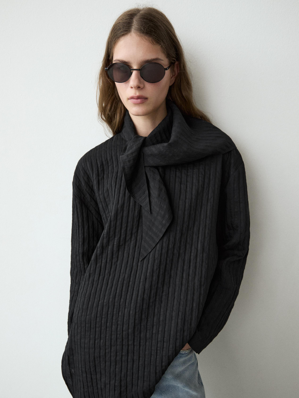 Massimo Dutti Струящаяся рубашка в полоску с шарфом, черный