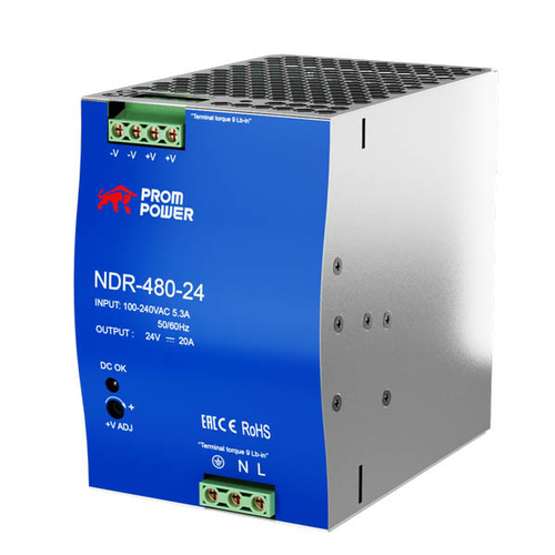 Источник питания NDR-480-24, на выходе 24 В DC, 20 А, 480 Вт. Входное  85-264 В AC (120-370 В DC)