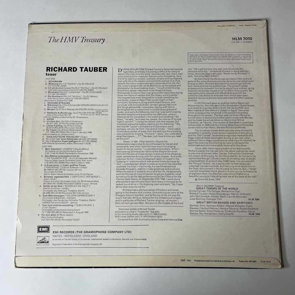 Винтажная виниловая пластинка Richard Tauber, Grieg, Kalman, Lehar, Mozart, Schumann, R. Strauss, Arias And Songs By (Англия 1972)