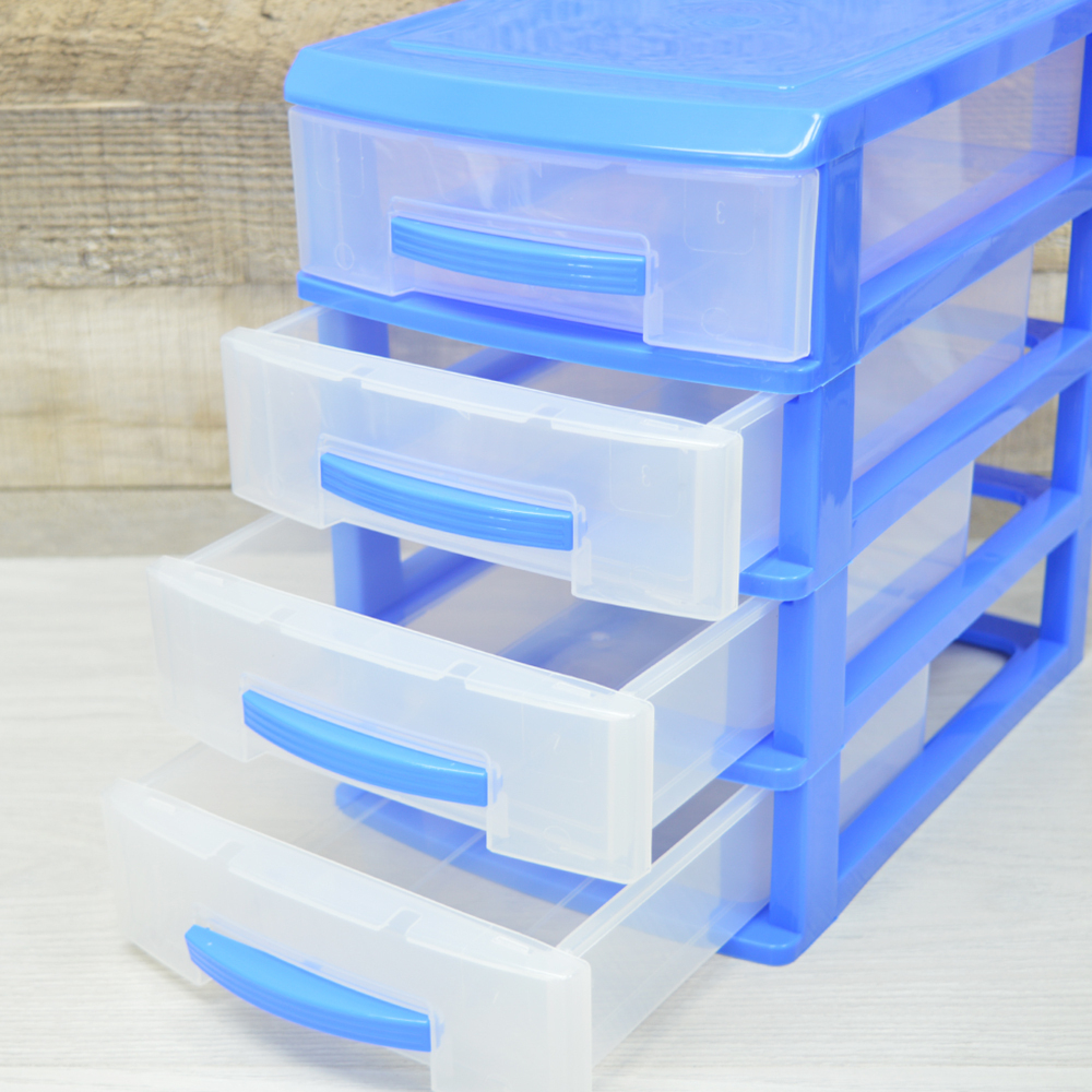 Комод 4-х секционный мини темно-голубой/прозрачный