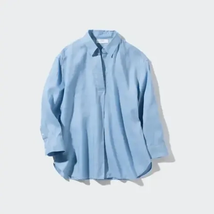 UNIQLO РУБАШКА СО ШКИПЕРСКИМ ВОРОТНИКОМ И РУКАВАМИ 3/4 ИЗ 100% ЛЬНА ПРЕМИУМ-КЛАССА, СИНИЙ