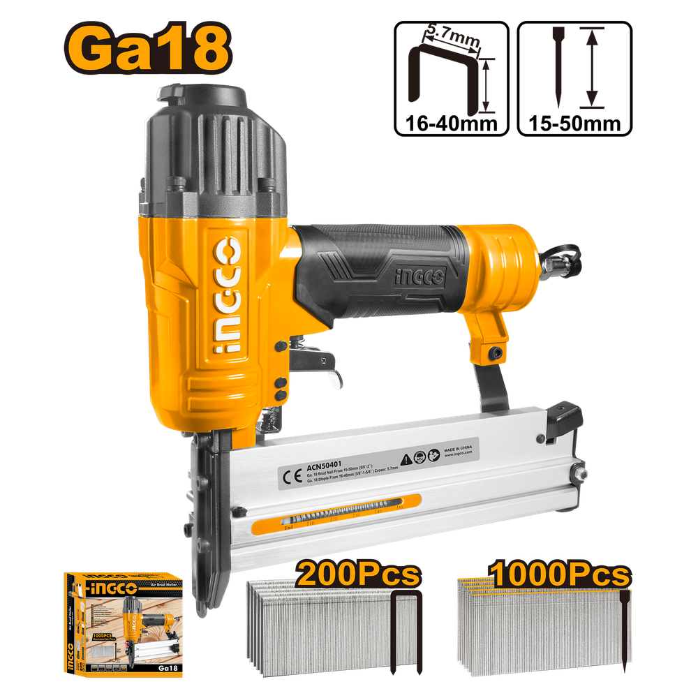 Пневматический степлер для скоб и гвоздей INGCO ACN50401 INDUSTRIAL Ga18 15-50 мм