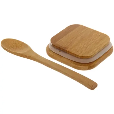 Банка для продуктов стеклянная 700мл «Хай-Тек» с бамбуковой крышкой и ложкой, квадратная 8*15см