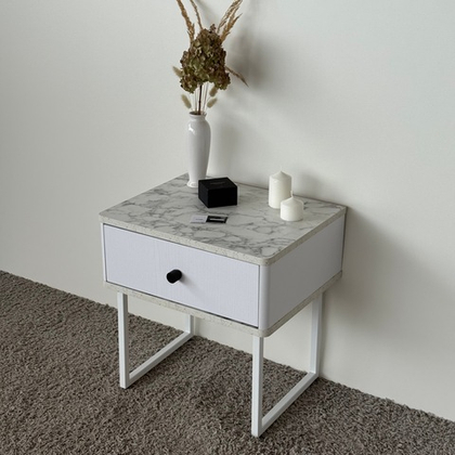 Тумба прикроватная на ножках ROYAL 5301 эко (Мрамор Каррара-Белый-р.черная)