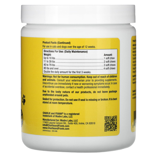 Charlie and Frank, улучшенная добавка для поддержки здоровья тазобедренных суставов с омега-кислотами, для кошек и собак, 120 жевательных таблеток, 288 г (10,1 унции)