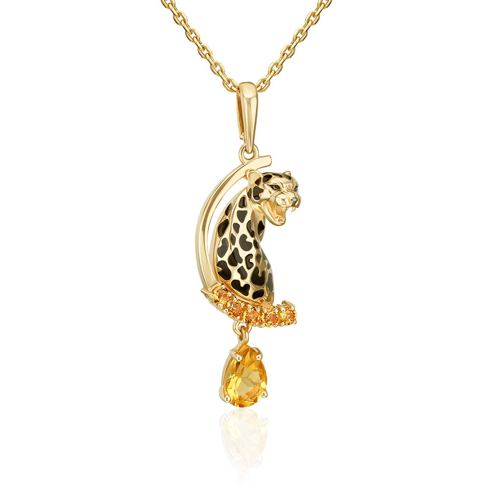 Подвеска «Леопард» из лимонного золота с цитринами и эмалью