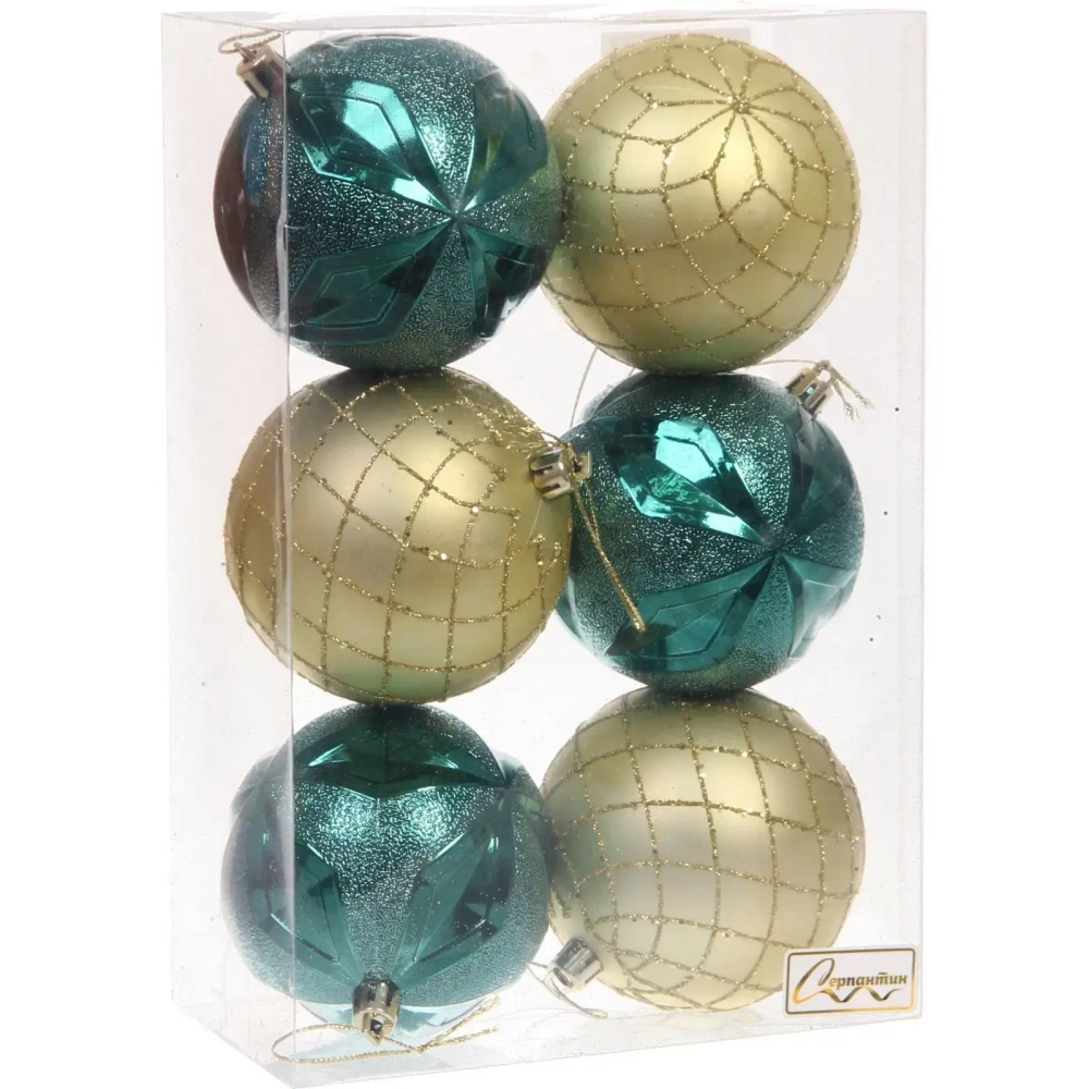 Новогодние шары «Снежный вальс» 8 см (набор 6 шт), Изумруд/Золото