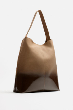 ZARA ЛАКИРОВАННАЯ КОЖАНАЯ СУМКА-ШОПЕР, ПЕСОЧНО-КОРИЧНЕВЫЙ