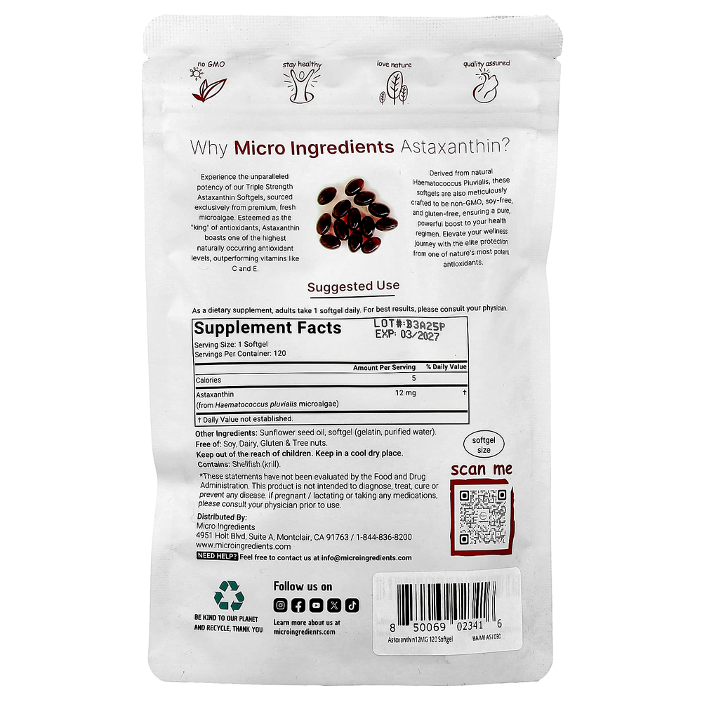 Micro Ingredients, Астаксантин, 12 мг, 120 мягких таблеток