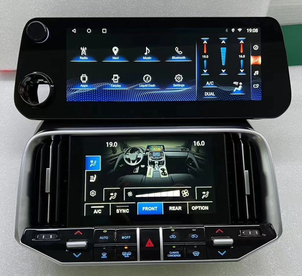 Магнитола для Toyota Land Cruiser 300 (экран климата снизу) - Carmedia KP-T1218 монитор 12.3" в стиле "LX600", Android 10, 6+128Гб, CarPlay, 4G SIM-слот, сенсорная ЖК-панель климата в комплекте