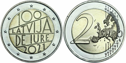 Латвия 2 евро, 2021 100 лет признанию государственной независимости Латвии aUNC