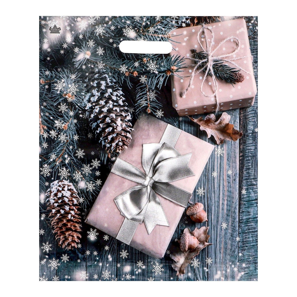 Новогодний пакет с принтом в виде подарков и вырубной ручкой (45х38 см) (Цвет: разноцветный)