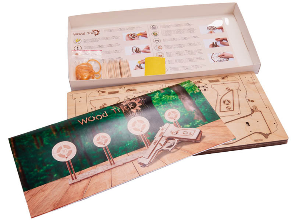 Сборная модель из дерева Wood Trick Пистолет-резинкострел с мишенями