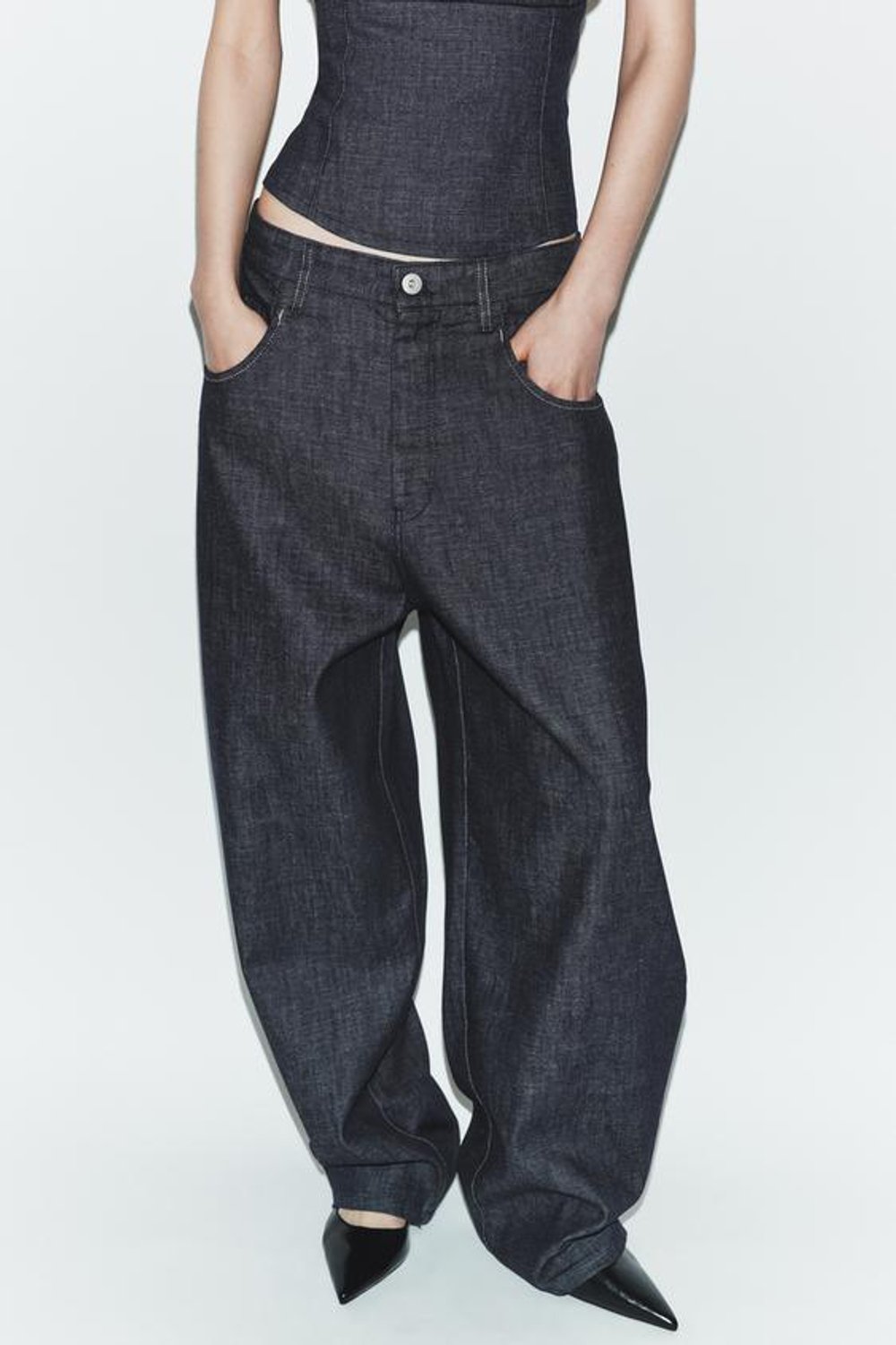 ZARA ДЖИНСЫ TRF BARREL С ВЫСОКОЙ ПОСАДКОЙ, ТЕМНЫЙ ИНДИГО