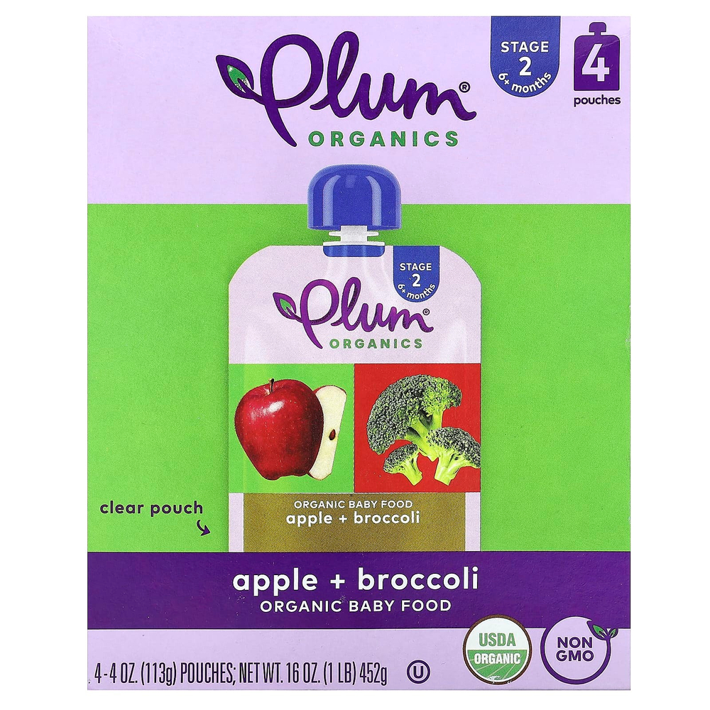Plum Organics, органическое детское питание, для детей от 6 месяцев, яблоко и брокколи, 4 пакетика по 113 г (4 унции)