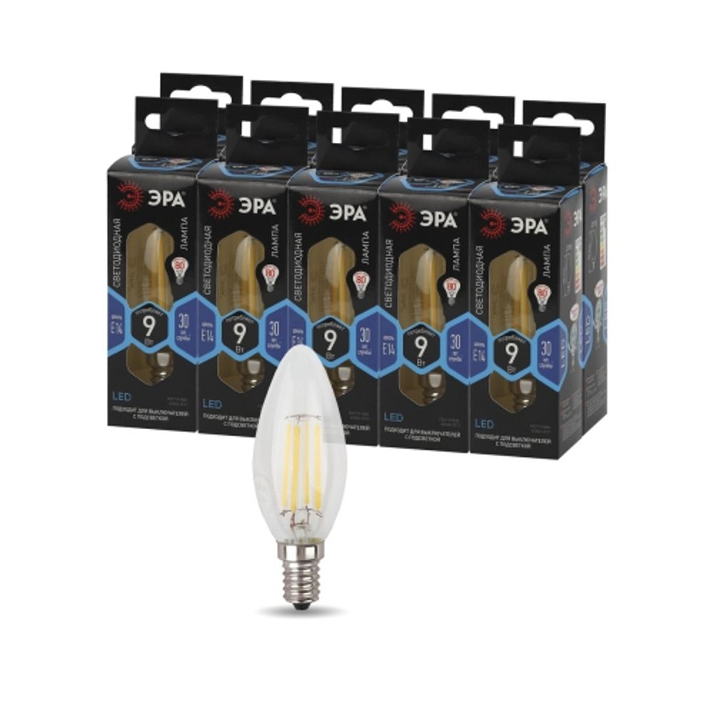 Лампа светодиодная ЭРА F-LED B35-9w-840-E14 Е14 / Е14 9Вт филамент свеча нейтральный белый свет | Филаментные декоративные