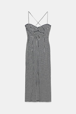 ZARA ПЛАТЬЕ МИДИ В КЛЕТКУ ВИШИ, ЭКРЮ/СИНИЙ