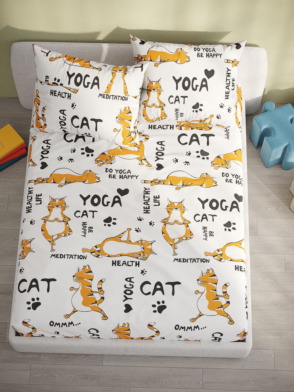 Постельное белье бязь Сказка "Yogacat" 1,5-сп Наволочка 50х70 см 1 шт Простынь на резинке 90x200 см Пододеяльник 145x215 см