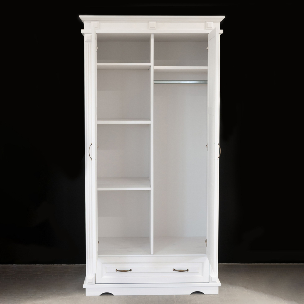 Шкаф для одежды 98х57х193, Харви, распашной двухдверный, с ящиком для вещей, со штангой и полками, в прихожую и спальню с филенкой в викторианском стиле из массива сосны, белый, Dipriz