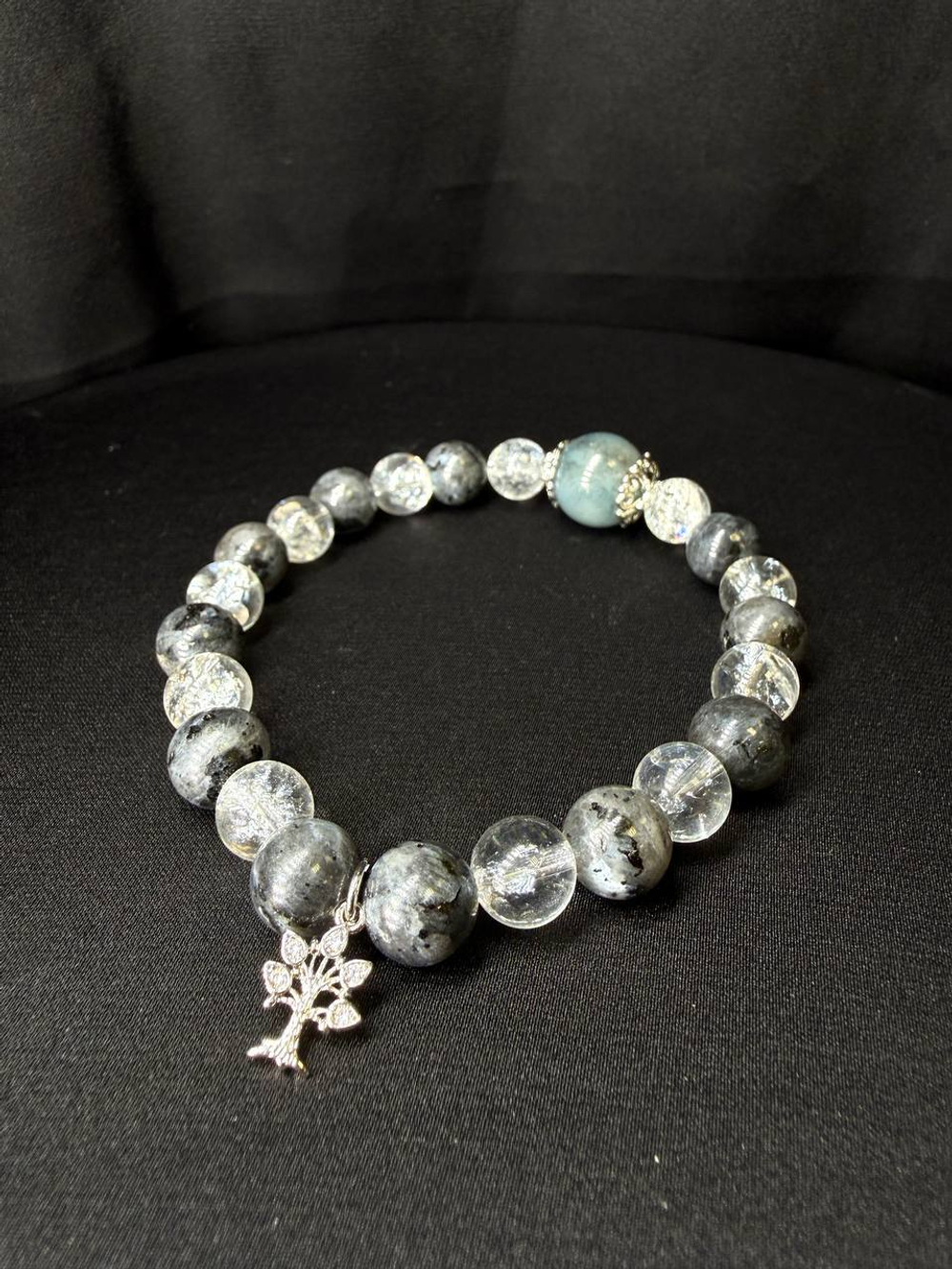 Браслет из Ларвикита, Лед.Кварца с бусиной Аквамарина (+подвеска Древо)