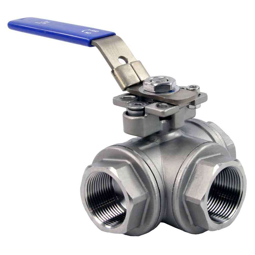 Stainless steel ball 3-way valve Threaded NPT/BSP T-type standard port Elephant RP.SS316.200.MM 986 psi with ISO 5211 mounting pad and handle