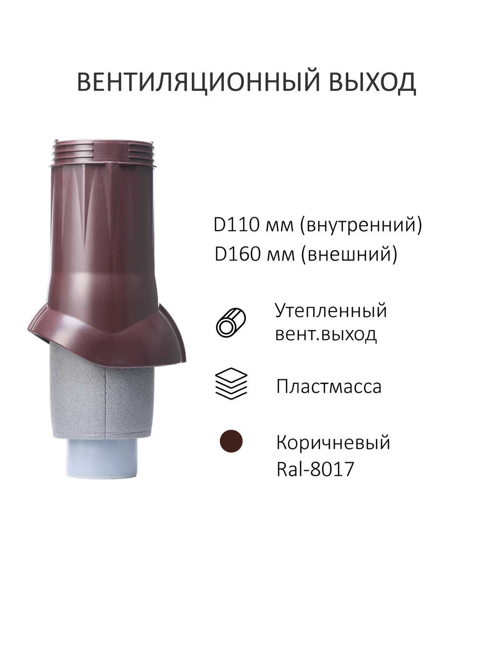 Комплект вентиляции: Вентиляционный выход изолированный D 110/160 мм высота H-500 серия Static, проходной элемент кровли фальцевые и гибкие черепицы серия Static, дефлектор статический (колпак) D 160 мм серии Static, коричневый Gervent