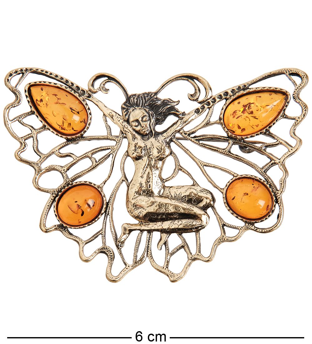 AM-1655 Брошь «Бабочка Спящая фея» (латунь, янтарь)