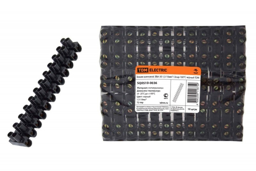 Зажим винтовой (клеммник) ЗВИ-30 полипропилен 100град.,1.5-10мм2 12пар черный TDM