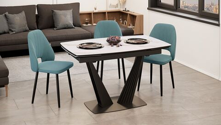 Стол кухонный обеденный раздвижной Черный муар/Керамика матовая белый мрамор 130(190)х80х76 см