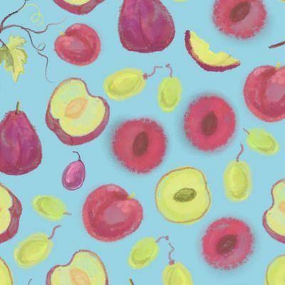 Сливы и виноград на голубом столе.