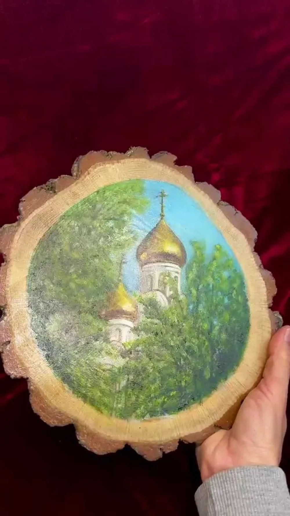 "Троица" Храм в лесу - картина маслом на срезе дуба с корой | Художница Ефимова Ольга