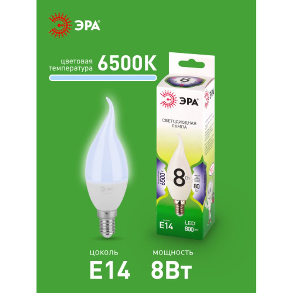 Лампа светодиодная ЭРА GREEN LINE LED BXS-8W-865-E14 GL 8Вт свеча на ветру холодный свет E14