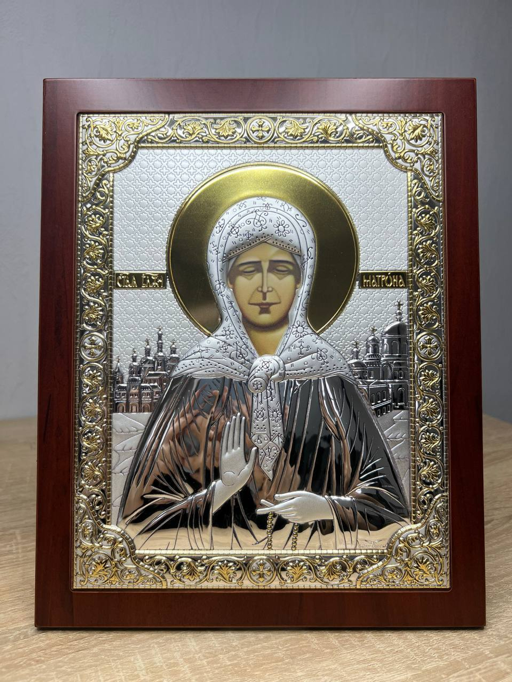 Матрона, икона прямоугольная с рамкой, красное дерево 210х260