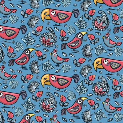 Crossbill birds wallpaper seamless pattern, vector illustration hand drawn