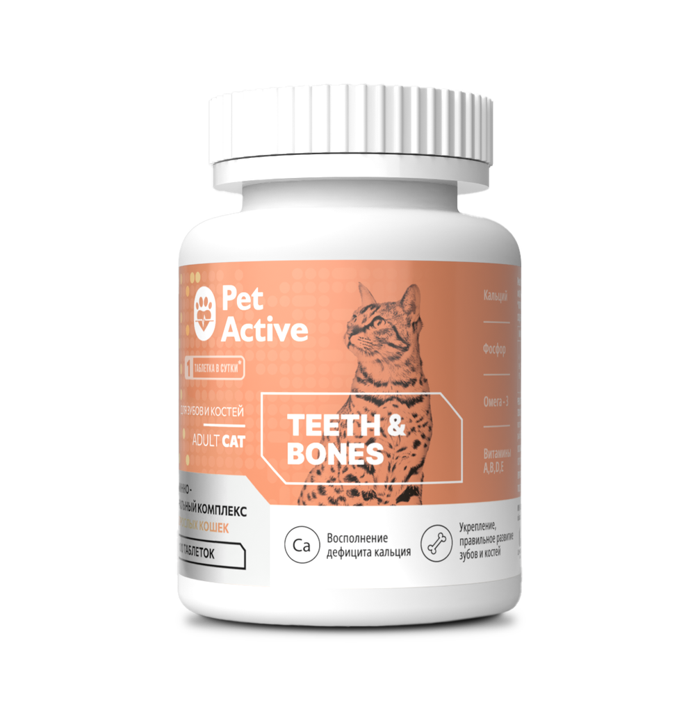 PETACTIVE Витаминно-минеральный комплекс 12 в 1 для кошек для укрепления зубов и костей (100 таблеток)