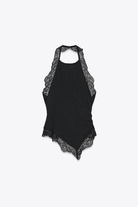ZARA ТЕКСТУРИРОВАННЫЙ ТОП-ХАЛТЕР С КРУЖЕВОМ, ЧЕРНЫЙ