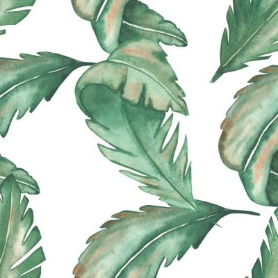Watercolor hand painted nature tropical seamless pattern with green palm jungle leaves