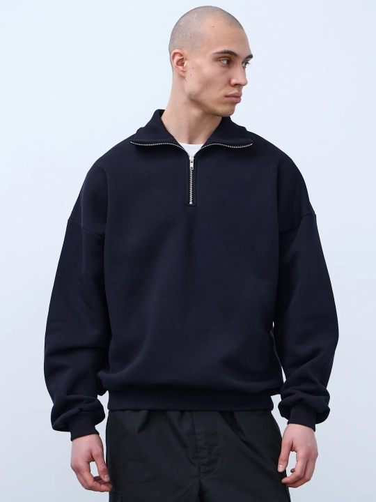 Свитшот с воротником на молнии с начесом (темно-синий)