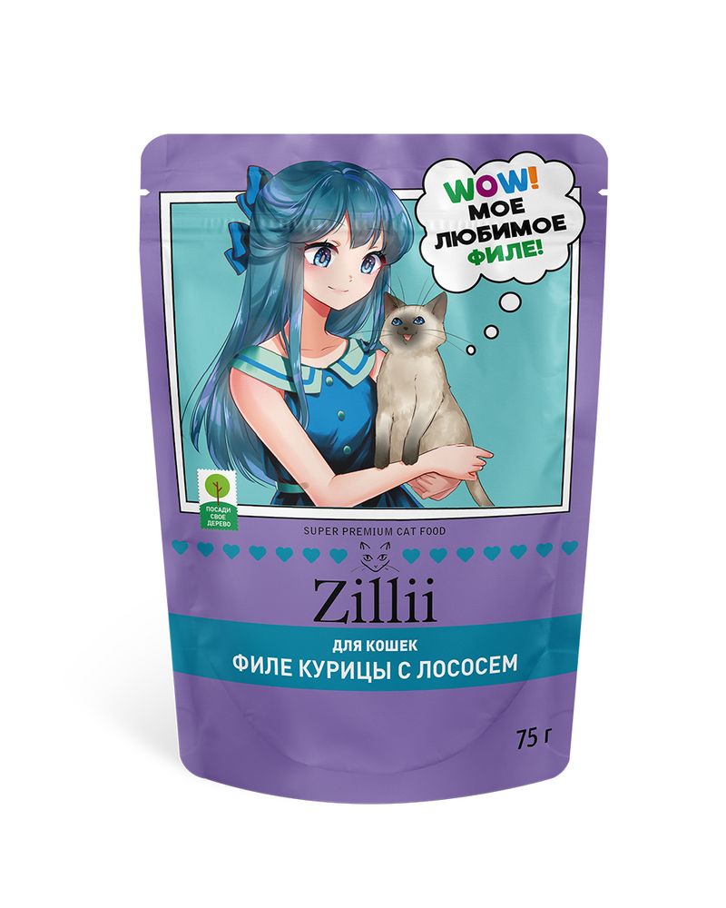 Консервированный корм ZILLII для взрослых и стерилизованных кошек. Мясные волокна в желе Курица с Лососем, пауч 75 г
