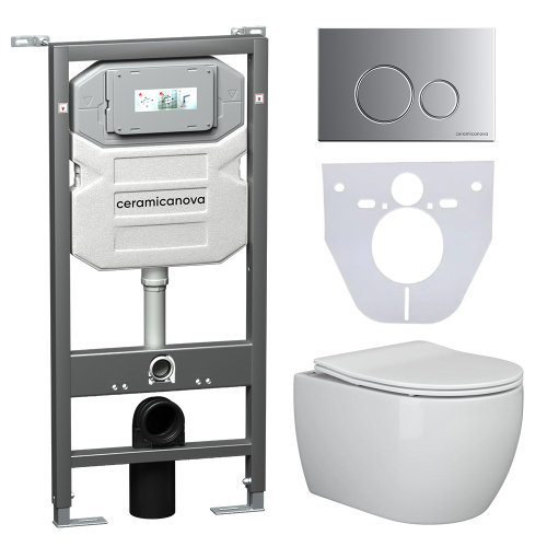 Комплект подвесной безободковый унитаз Ceramica Nova Play Rimless CN3001 с микролифтом + система инсталляции Envision CN1001M с кнопкой смыва Round хром матовый и шумоизоляционной панелью