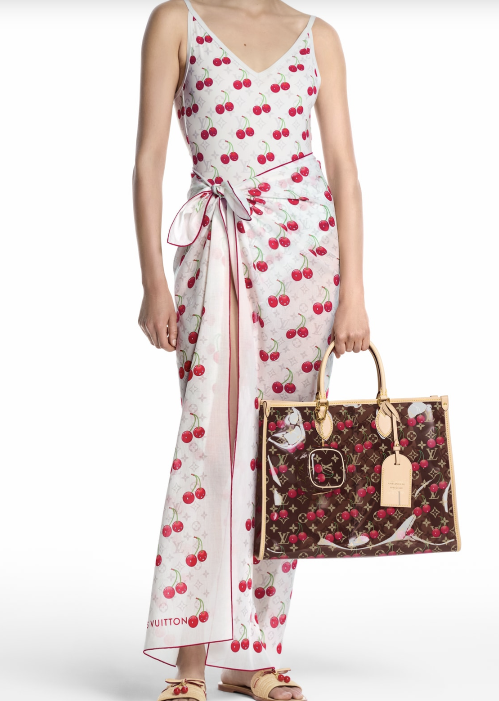 Слитный купальник Louis Vuitton x Takashi Murakami с принтом вишни, белый, V-образный вырез